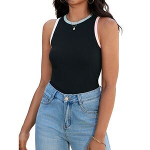 Ribbed Contrast Trim Crew Neck Slim Fitted Tank Tops Black Pink White